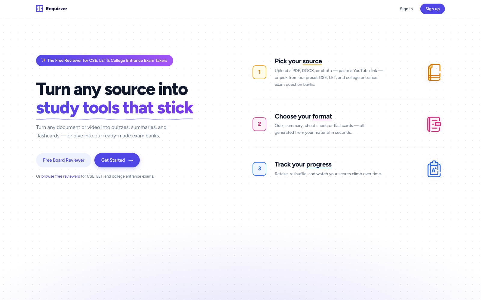 Requizzer homepage screenshot